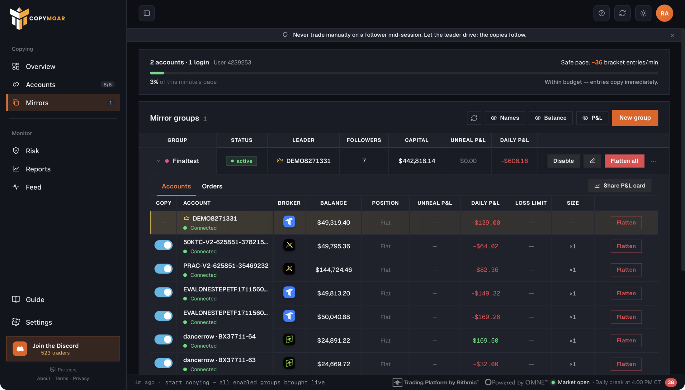 Copy groups in Copymoar: leader and followers across brokers with per-account multipliers and copy modes