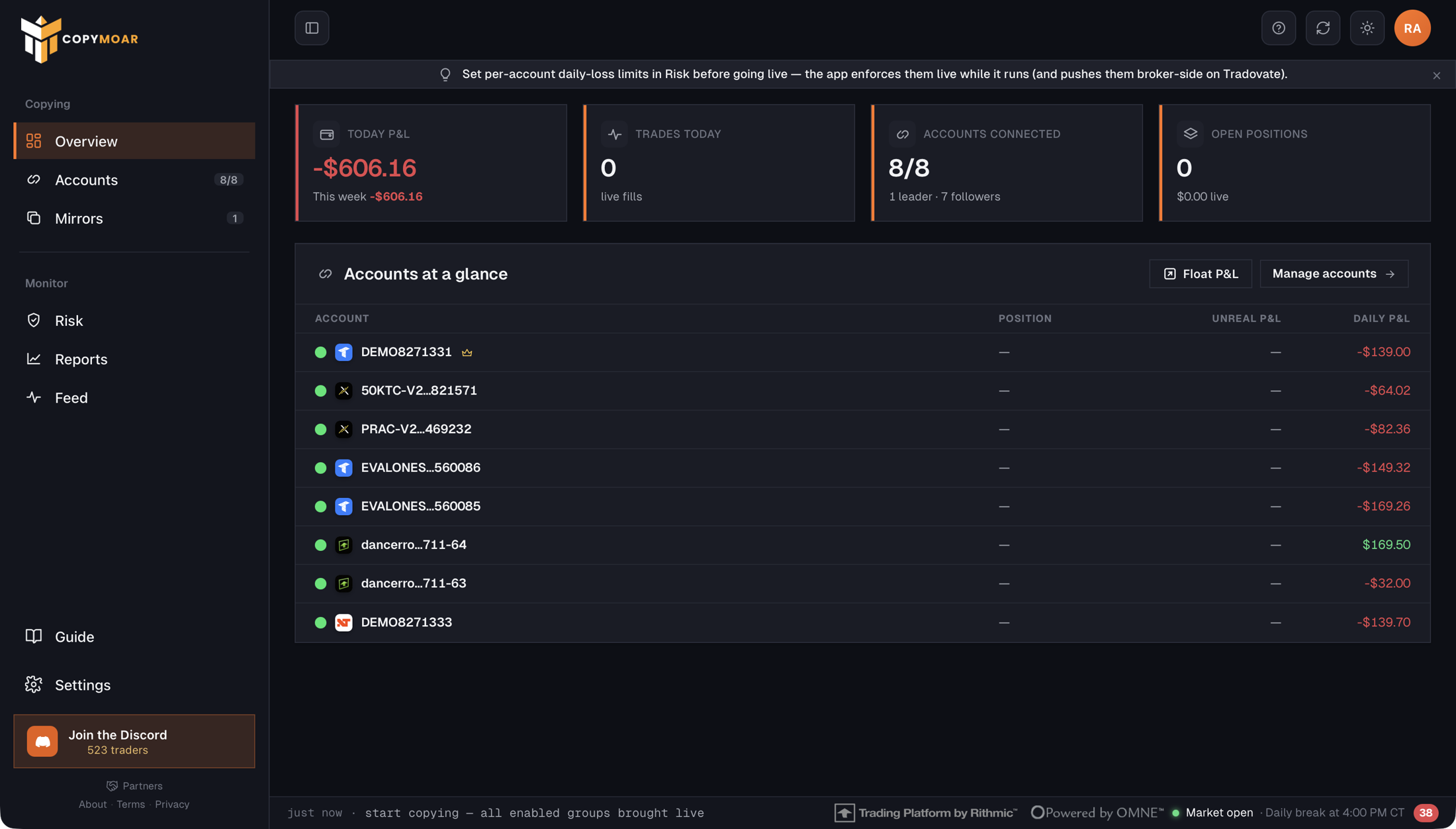 The Copymoar dashboard: one leader account driving followers on Tradovate, NinjaTrader, ProjectX and Rithmic simultaneously