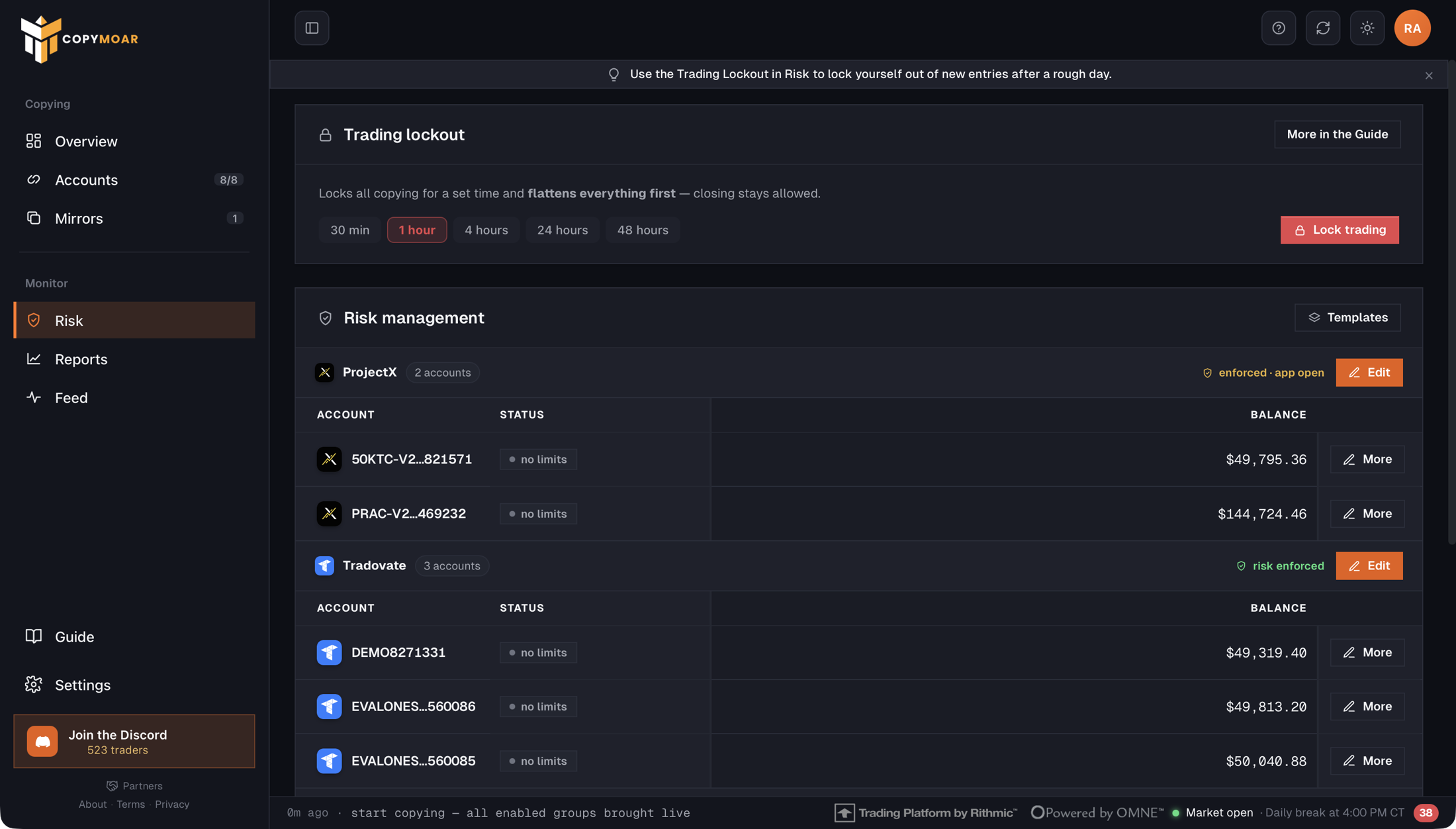 The Copymoar risk panel: daily-loss limits deployed to every follower account with lockout on breach